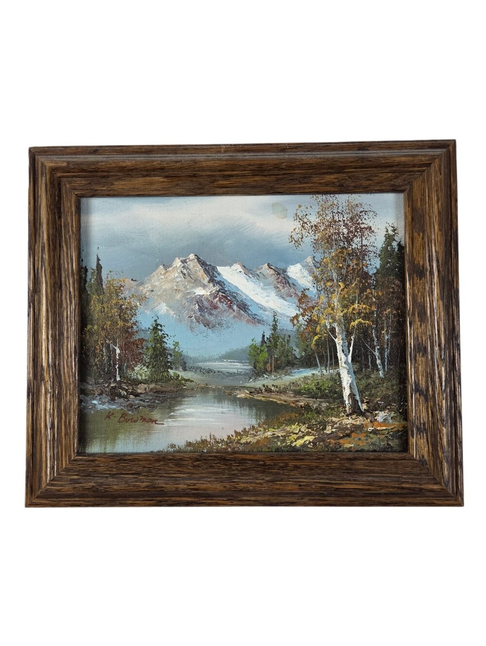 K. Bowman Mountain River Landscape Painting in Wood Frame 10.75" x 12.75"